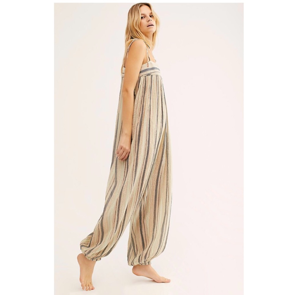 Free People Harem Lurex Jumpsuit Striped crinkly